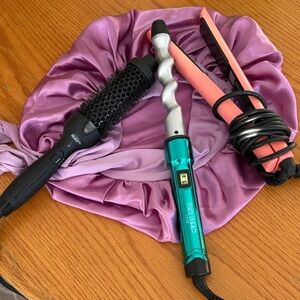 BedHead Teal Curling Wand and Black Brush and VS Straightener